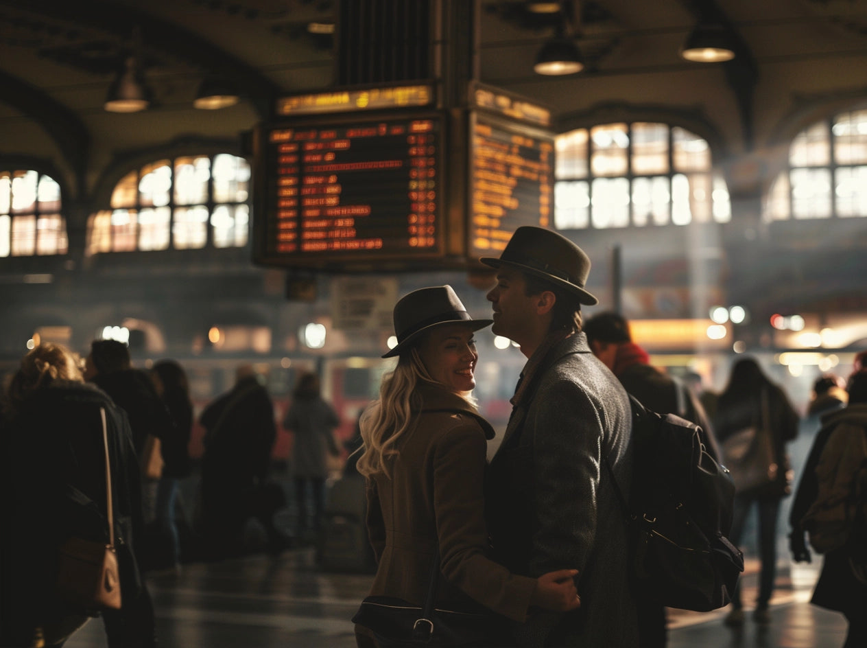 Elegant couple in fedoras sharing an intimate moment in a bustling train station, with a warm, ambient glow